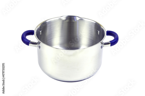 Metal saucepan with a glass lid for cooking soup, food. made of stainless steel. kitchen utensils with a thick bottom for electric, infrared, induction or gas stoves. On an isolated white background.