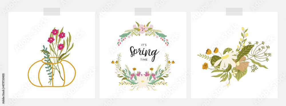 Set of spring cards with flowers hand drawn illustrations - in minimalist vase, in bouquet, floral circle frame. Pretty vector decorations. Isolated on white. Set of spring cards with flowers hand drawn illustrations - in minimalist vase, in bouquet, floral circle frame. Pretty vector decorations. Isolated on white.