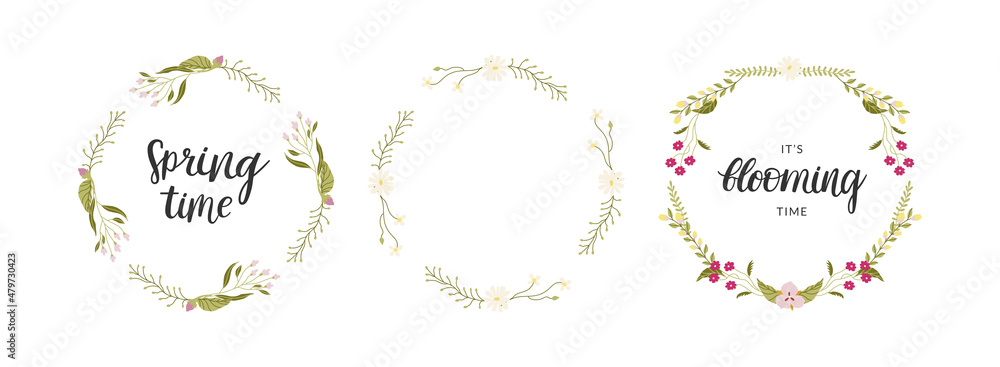 Set of spring floral circle frames. Pretty flat illustrations. With calligraphy. Vector isolated on white background.