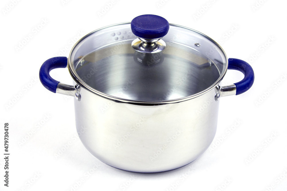 Metal saucepan with a glass lid for cooking soup, food. made of stainless steel. kitchen utensils with a thick bottom for electric, infrared, induction or gas stoves. On an isolated white background. Metal saucepan with a glass lid for cooking soup, food. made of stainless steel. kitchen utensils with a thick bottom for electric, infrared, induction or gas stoves. On an isolated white background.