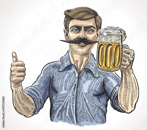 Brewer, or a man who drinks beer with a mug of beer in one hand, and with a raised finger pointing up to positive emotions.