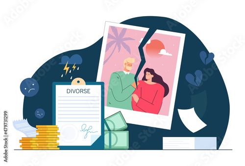 Torn photo of cartoon family and divorce papers for court. Breakup or split up due to stress and problems at home flat vector illustration. Family, divorce, law concept for banner or landing web page