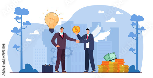 Sponsor with angel wings giving financial support to businessman. Professional advisor or investor flat vector illustration. Investment, entrepreneurship, coworking, funding concept for banner