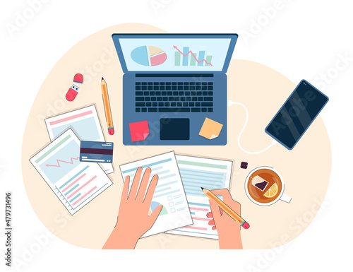 Top view of office worker or accountant analyzing documents. Hands of analyst or entrepreneur doing research or studying business analytics flat vector illustration. Technology, finances concept