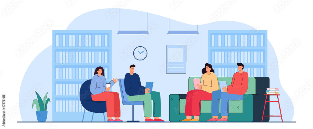 College students with books sitting in reading room together. Group of teenagers or adult persons on sofa and chairs flat vector illustration. Education concept for banner or landing web page College students with books sitting in reading room together. Group of teenagers or adult persons on sofa and chairs flat vector illustration. Education concept for banner or landing web page