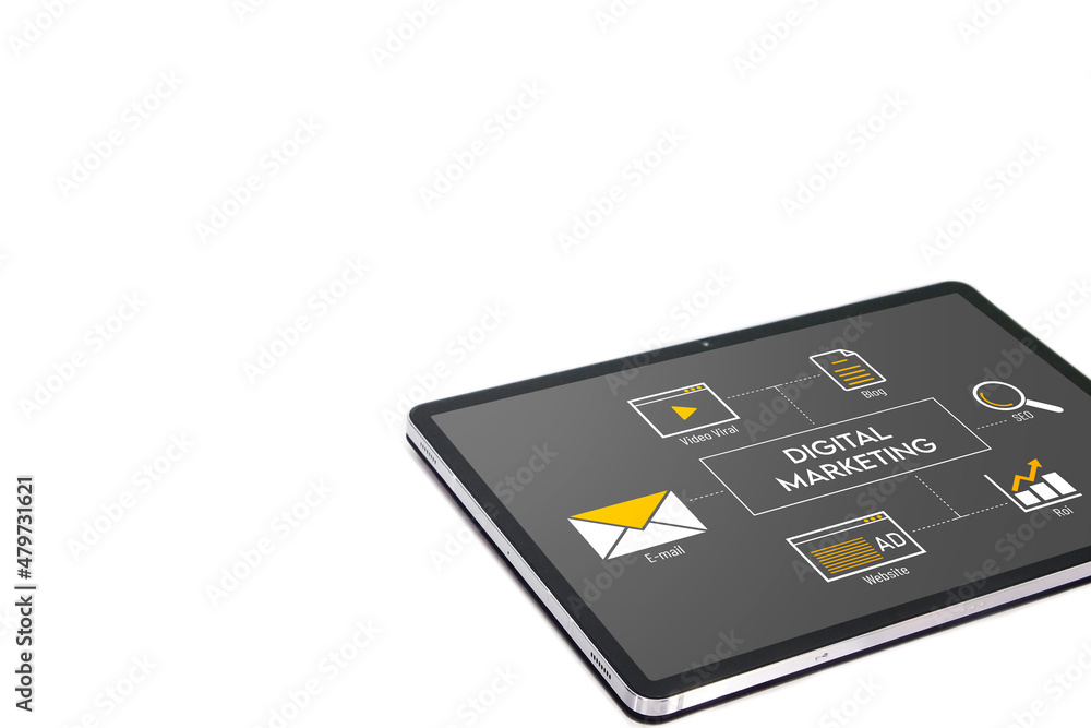 Digital Marketing , Social Media Advertisement Connection Concept on tablet Digital Marketing , Social Media Advertisement Connection Concept on tablet