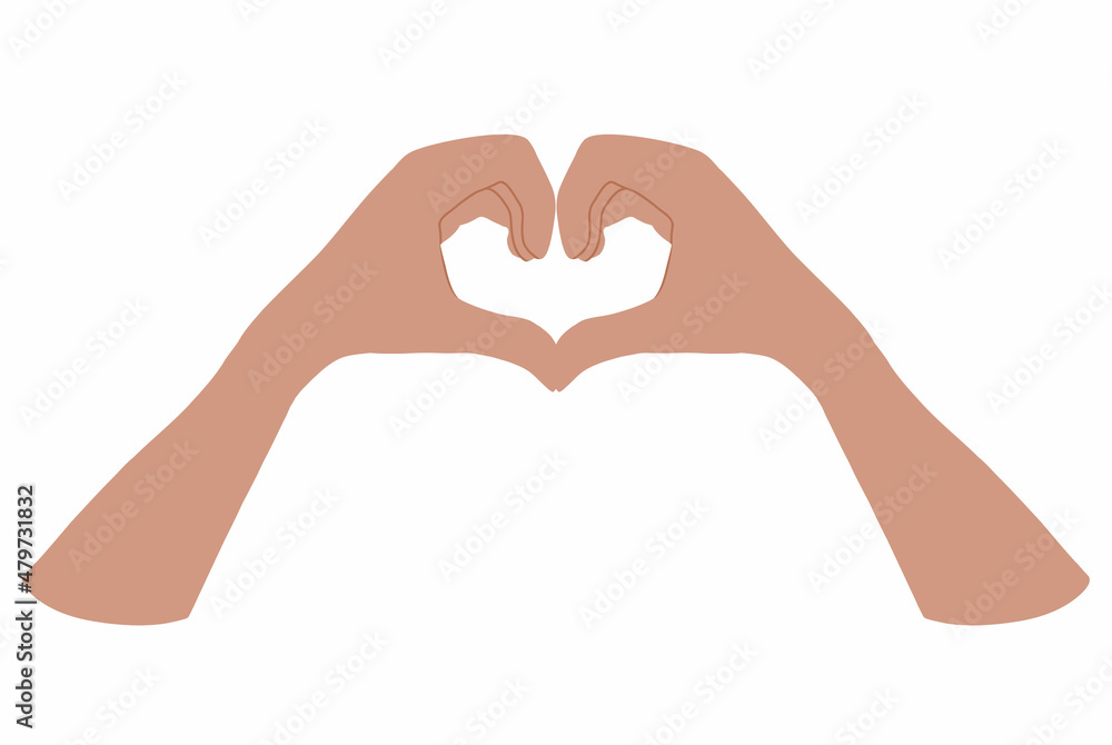 Obraz premium Hands folded in the shape of a heart. Self-love and Support, Valentine Day. Light skin, mutalka. Hand drawn vector illustration isolated on white background. Clip art