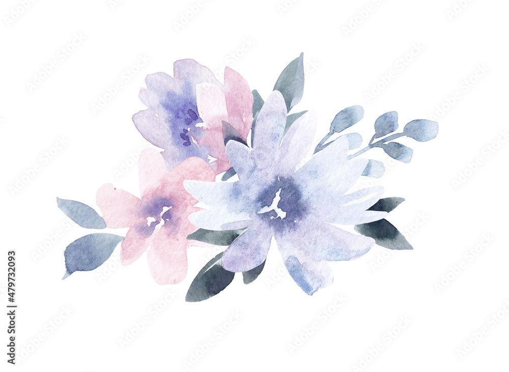 Beautiful image with gentle watercolor hand drawn purple flowers bouquet. Stock illustration.