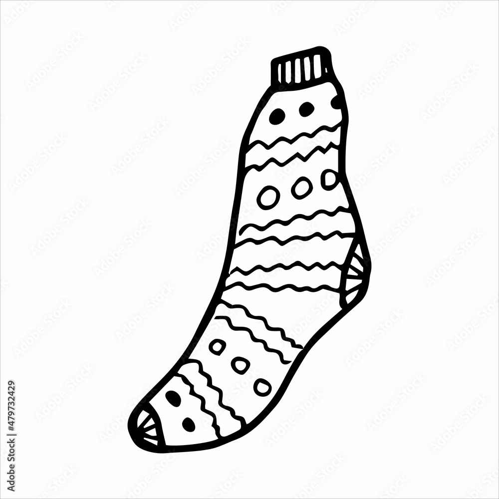 Hand drawn sock in doodle style. Black and white vector illustration Hand drawn sock in doodle style. Black and white vector illustration
