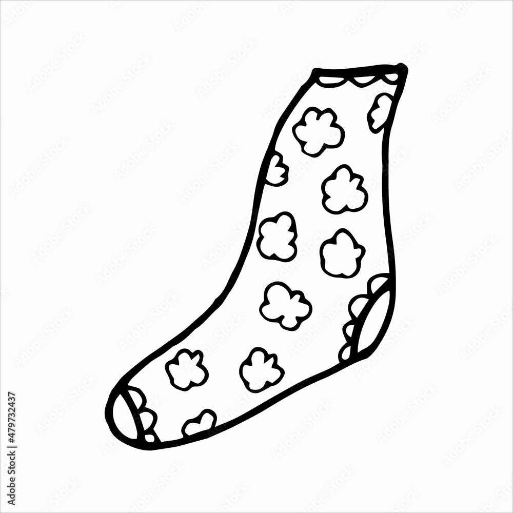 Hand drawn sock in doodle style. Black and white vector illustration