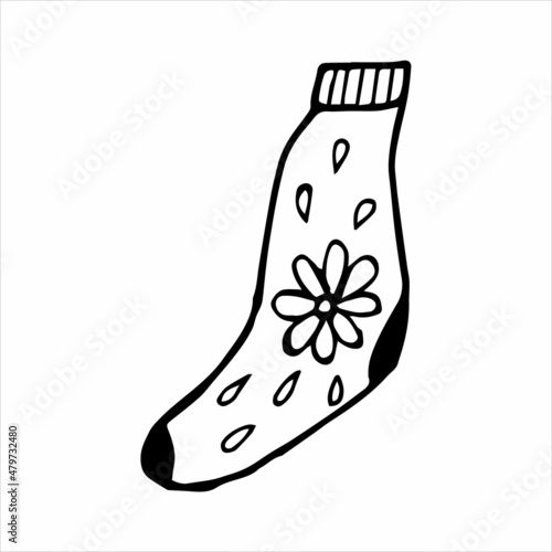 Hand drawn sock in doodle style. Black and white vector illustration