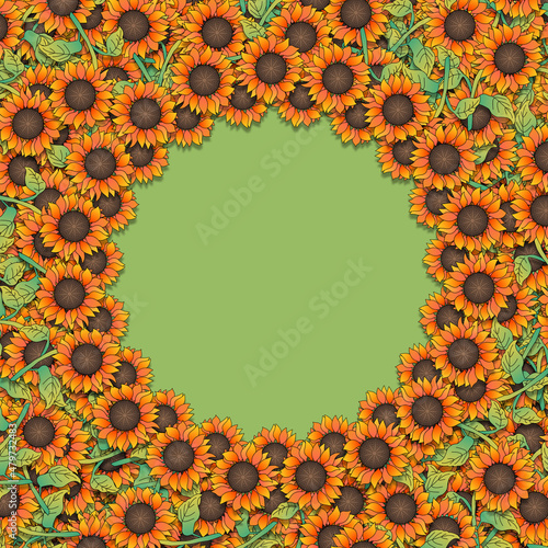 Illustration of colorful yellow and orange sunflowers as a border on a green background with space for text.