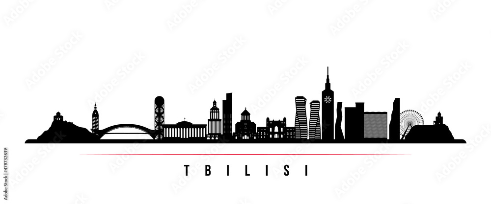 Tbilisi skyline horizontal banner. Black and white silhouette of Tbilisi, Georgia. Vector template for your design.