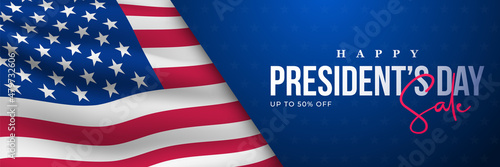 Presidents' Day Sale banner on US flag background. Concept template for web sites, header. Stock vector illustration.