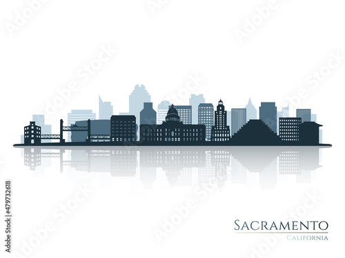 Sacramento skyline silhouette with reflection. Landscape Sacramento, California. Vector illustration.