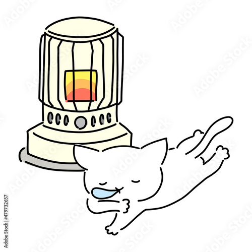 ストーブ（石油）と眠るネコのイラスト
