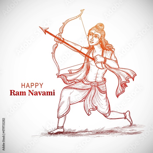 Hnad draw sketch lord Rama with arrow killing Ravana in Navratri festival background