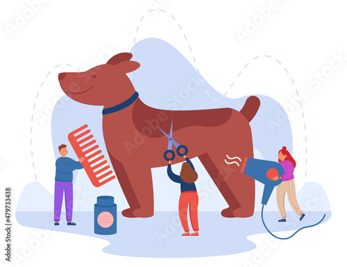 Grooming cute dog and pet hair care from tiny groomers. People hairdressers with huge comb, scissors and hairdryer flat vector illustration. Fashion for animals, hygiene, grooming salon concept