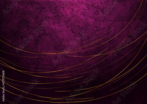 Golden minimal wavy lines on dark purple grunge abstract background. Vector illustration