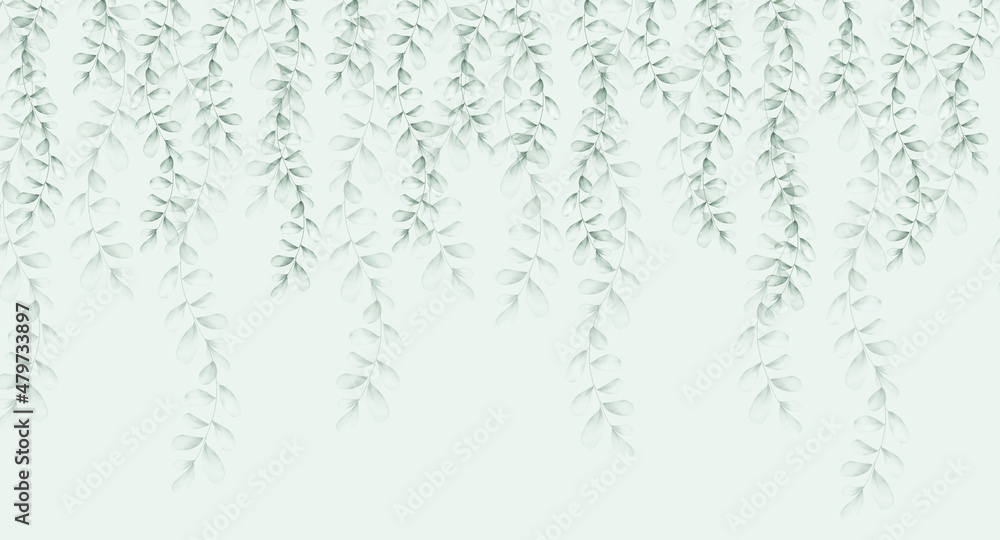 Branches with leaves. Photo wallpapers for walls. A mural for the room. Interior design. Branches with leaves. Photo wallpapers for walls. A mural for the room. Interior design.