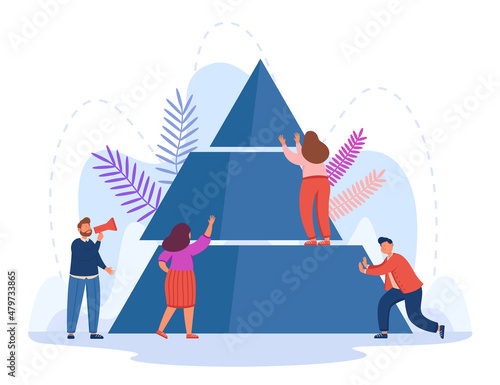 Business people building pyramid with assistance of leader. Tiny male and female partners connecting puzzle, businessman consulting with megaphone flat vector illustration. Partnership concept