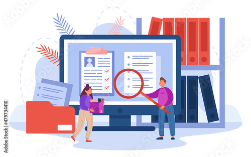 Search of documents in database by users with magnifying glass. Tiny people searching digital files and organized archives of information flat vector illustration. Data storage, source concept