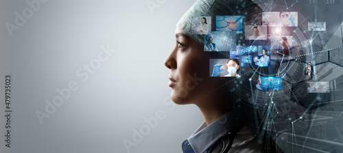 Woman doctor face profile portrait and chemical research photos. Female specialist looking at future isolated on grey background with copy space. Medical research and development concept