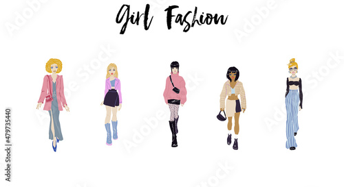 Collection of stylish young women dressed in trendy clothes. Vector fashion illustration.