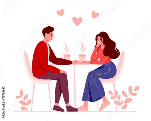 Couple in love celebrating holiday, holding hands and drinking coffee. Man and woman spending time together. Young people resting on romantic date. Saint Valentine's Day. Vector illustration 