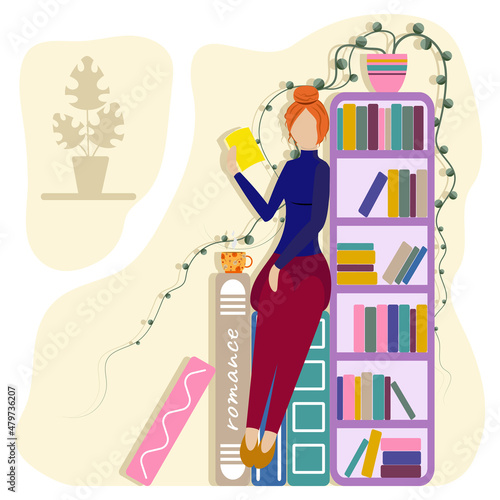 girl reading book woman shelf books home library people flowers cup cozy bookworm 