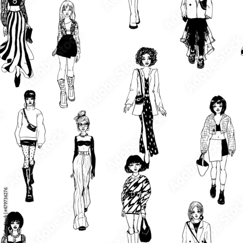 Seamless pattern. Women in trendy clothes. Defile sketch.