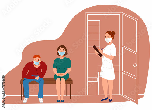 The doctor calls the patient to the office. An appointment with a therapist. masked people of different ages waiting in line. Vector illustration in a flat style.