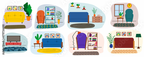 A set of different interiors of a cozy living room. Vector flat illustration