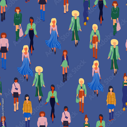 Seamless pattern. Women in trendy clothes. Fashion flat style illustration.