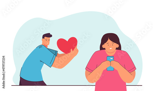 Cartoon man giving heart to woman browsing smartphone. Girl not paying attention to male character flat vector illustration. Unrequited love, romance concept for banner, website design or landing page