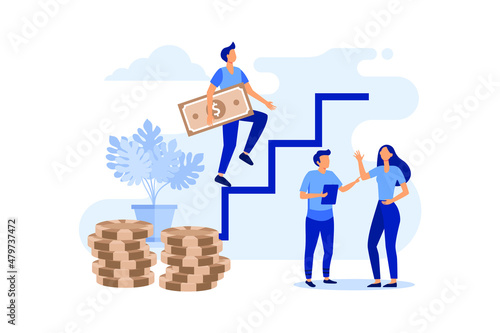 businessman running down the stairs and holding money, planning career, concept of career growth, teamwork flat vector illustration 