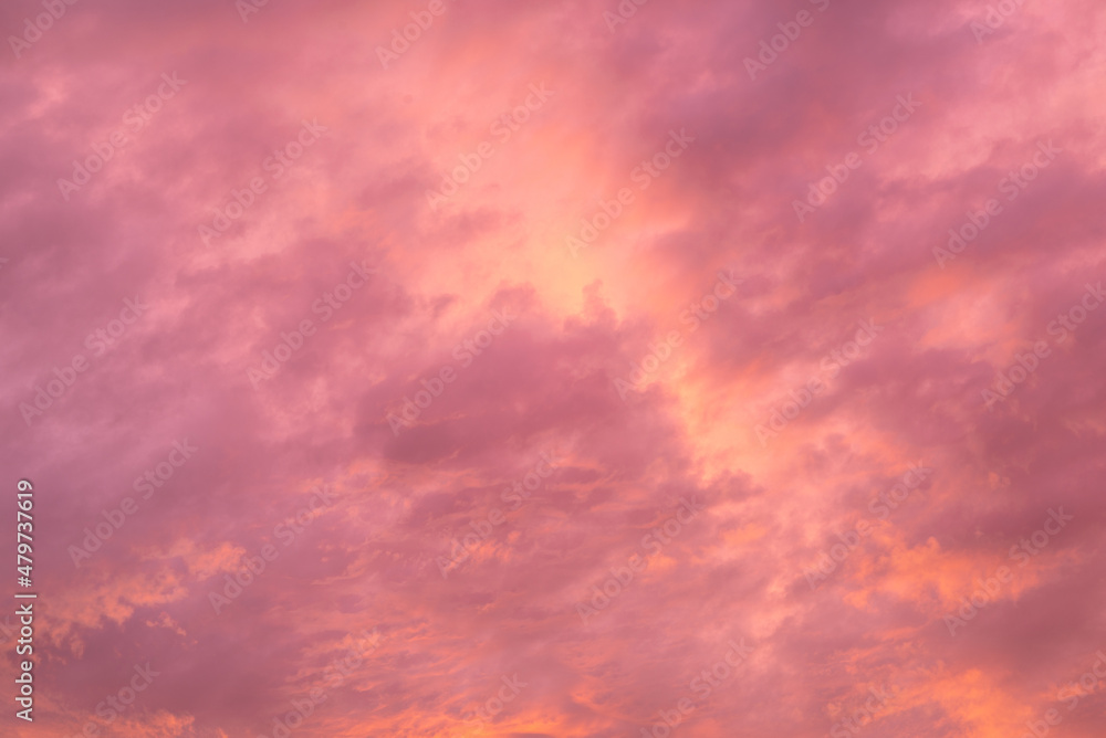 Clouds in pink and coral colors. Inspirational background. Colorful sunset. 