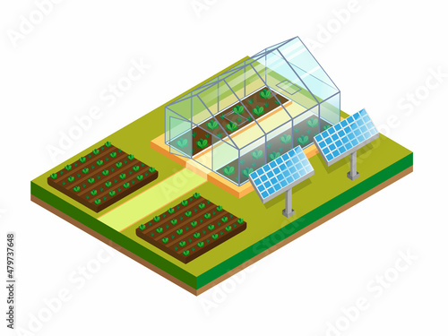 Isometric greenhouse with solar panels. Agriculture, organic production