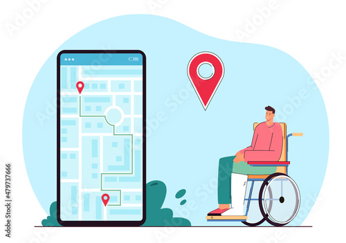 Man in wheelchair using navigation or taxi app on phone. Male character with physical disability making route on city map flat vector illustration. Transportation, mobility concept for banner