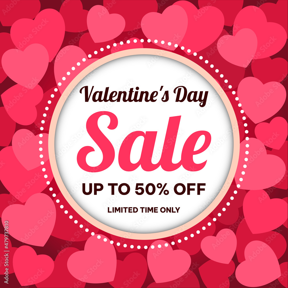 Valentines day sale 50 off on pink hearts background