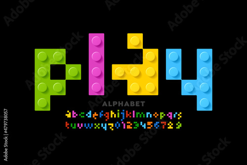 Plastic construction blocks font, toy alphabet letters and numbers vector illustration