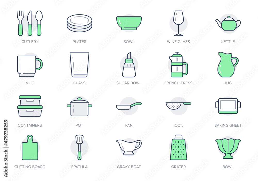 Kitchen utensil line icons. Vector illustration include icon - tableware, dish, casserole spatula, plate, wineglass, cup, mug, frenchpictogram for crockery. Green Color. Editable Stroke Kitchen utensil line icons. Vector illustration include icon - tableware, dish, casserole spatula, plate, wineglass, cup, mug, frenchpictogram for crockery. Green Color. Editable Stroke