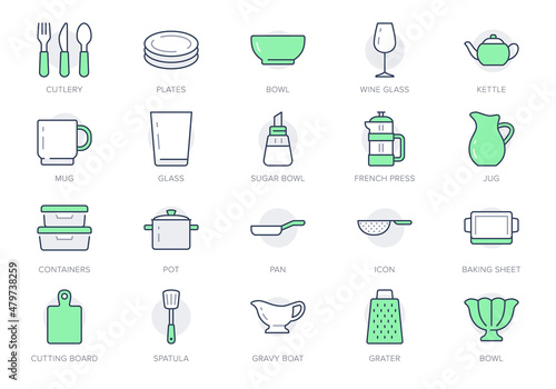 Kitchen utensil line icons. Vector illustration include icon - tableware, dish, casserole spatula, plate, wineglass, cup, mug, frenchpictogram for crockery. Green Color. Editable Stroke