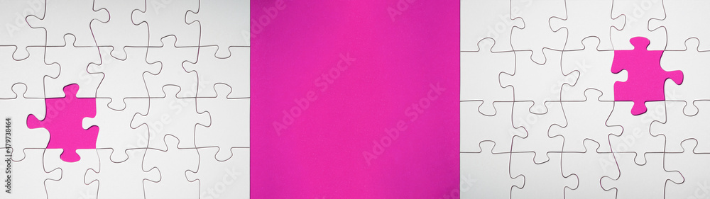 Empty white details of puzzle on pink background banner panorama, with space for text Empty white details of puzzle on pink background banner panorama, with space for text