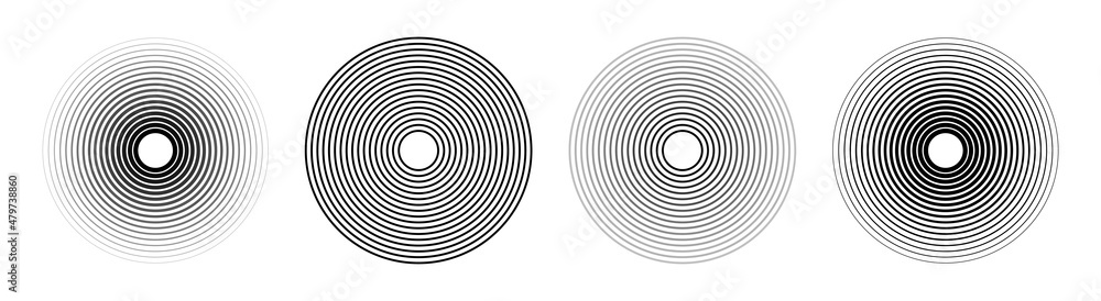 Concentric circle. Circular line pattern. Radial fade wave for sound, swirl, radio and sonar. Abstract concentric graphic icon. Geometric centric effect. Vector - obrazy, fototapety, plakaty 