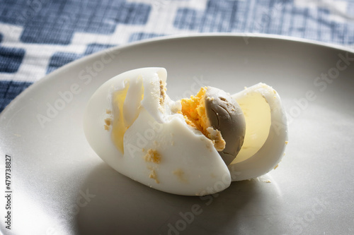 Overcooked Hard Boiled Egg with green or grey tint around the yolk.