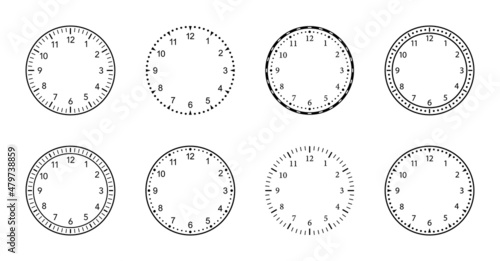 Clock faces. Watch dials with numbers. Templates of round clock faces. Design of clockfaces for wall. Classic and vintage countdown. Vector