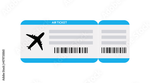 Flight ticket. Ticket for pass to plane. Card for airplane, travel and fly. Template of coupon for air trip. Illustration for airline, business and tourism. Vector