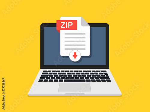Zip document. Download zip file in computer. Icon of upload in laptop. Digital file from internet. Click to save of document with data. Vector