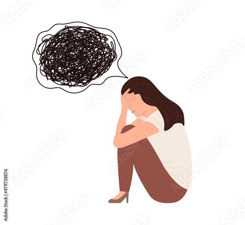 Woman in depression and has sad think. Woman in a sad and anxious state holding her head. Tired young girl with chaos in her mind. Vector illustration